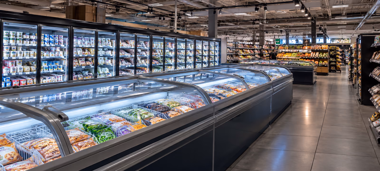 Supermarket freezer islands and refrigerated displays filled with food.
