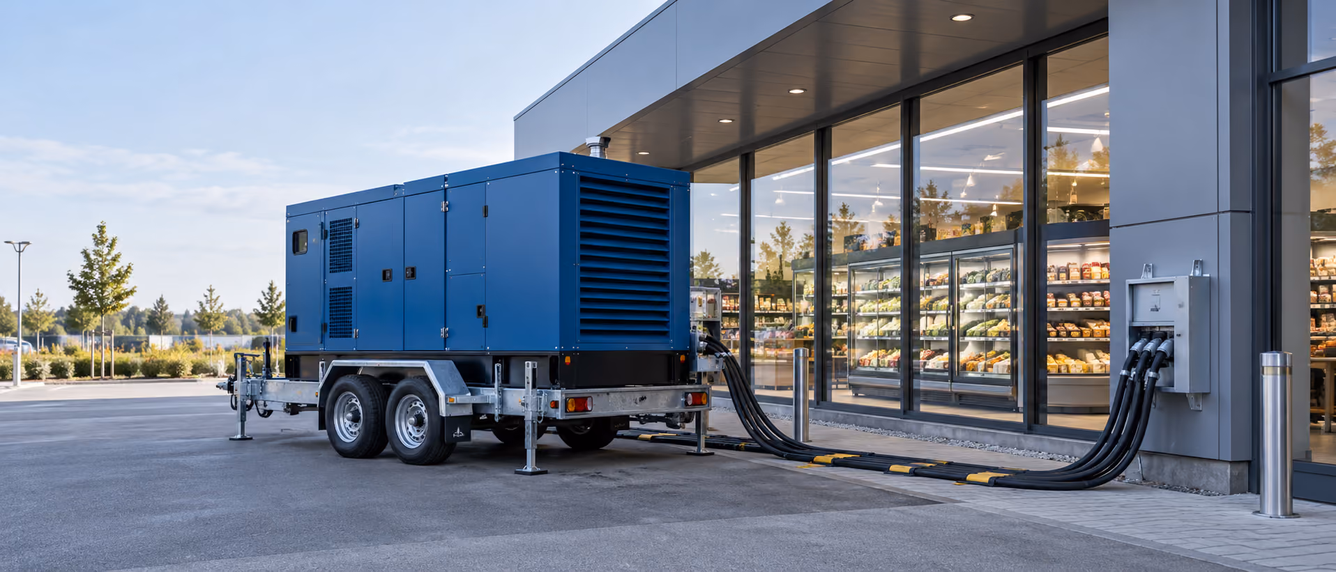 Trailer-mounted blue generator beside a supermarket, with cables running to the prepared wall inlet.