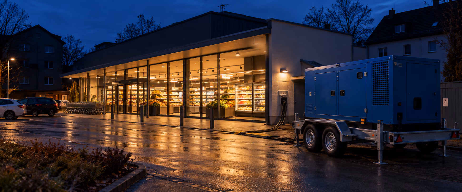 Illuminated supermarket at dusk with a mobile emergency generator connected beside the building.