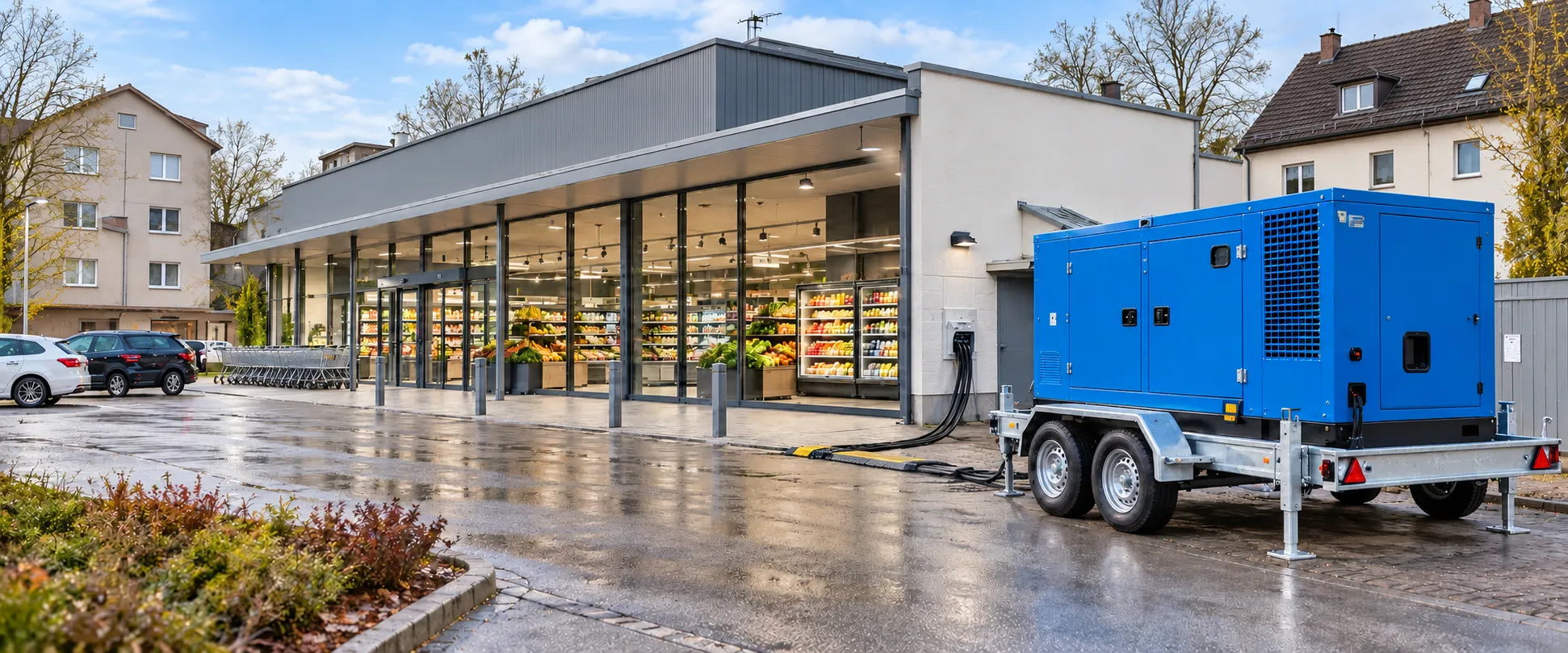 Mobile blue generator on a trailer outside an illuminated grocery store in daylight.