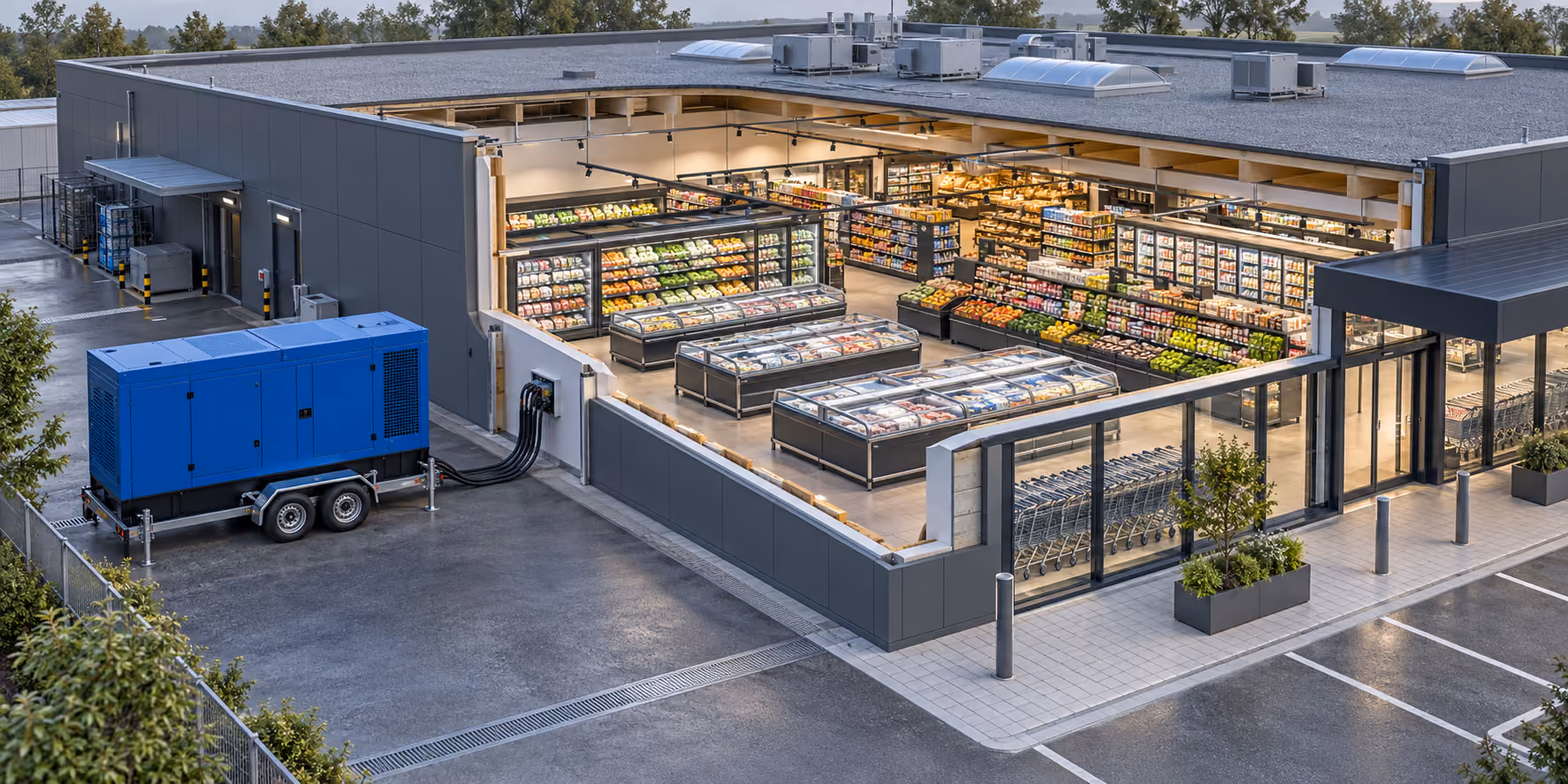Supermarket cutaway showing refrigeration, store equipment and an external generator.