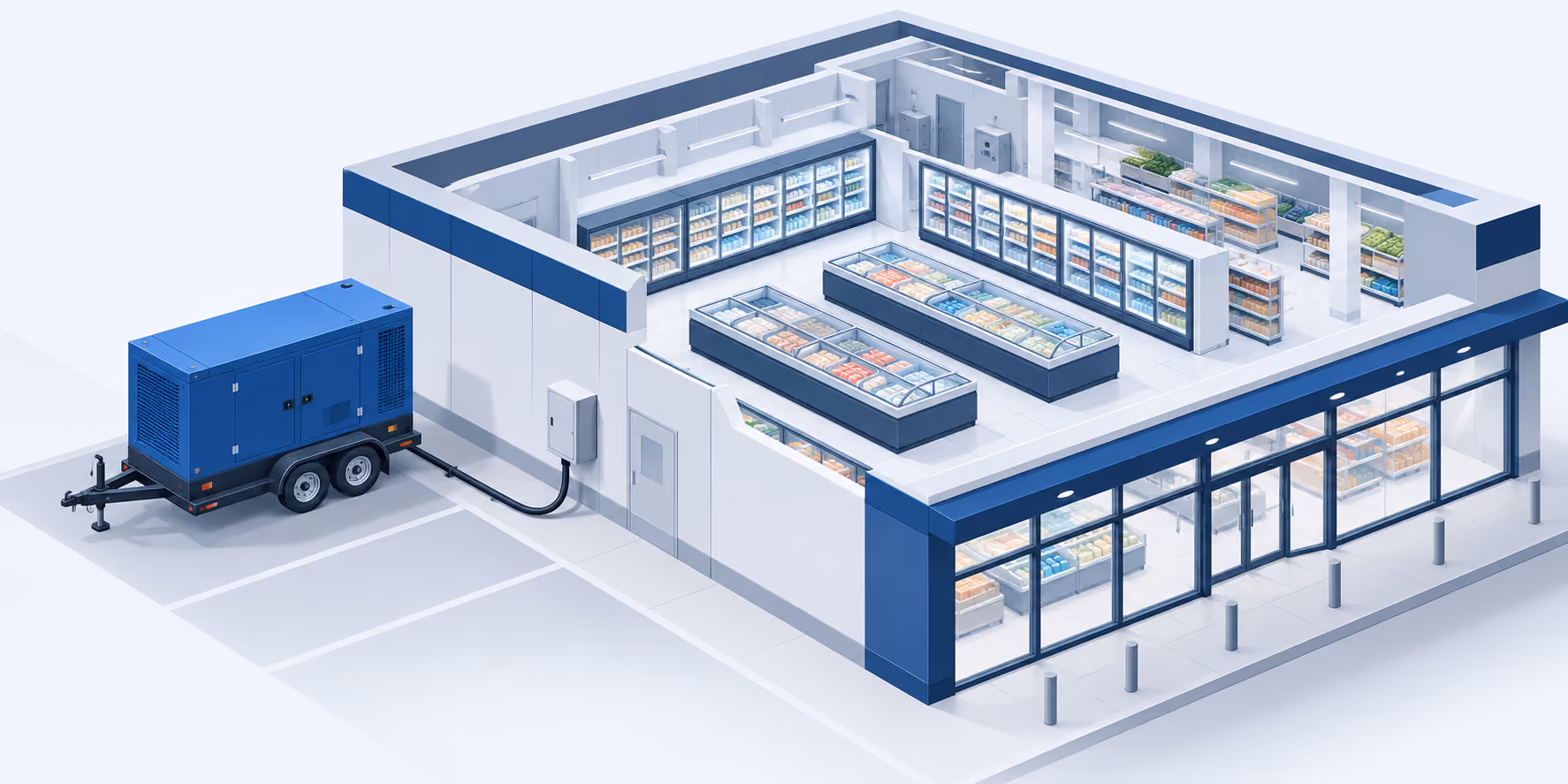 Illustration of a supermarket with a mobile generator connected outside.