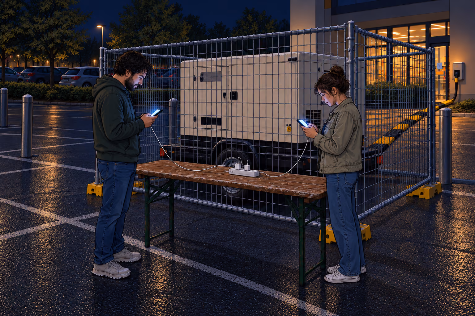 Two people charge their phones at a worn table outside a fenced generator at night; the generator’s supply cable leads to the illuminated supermarket.