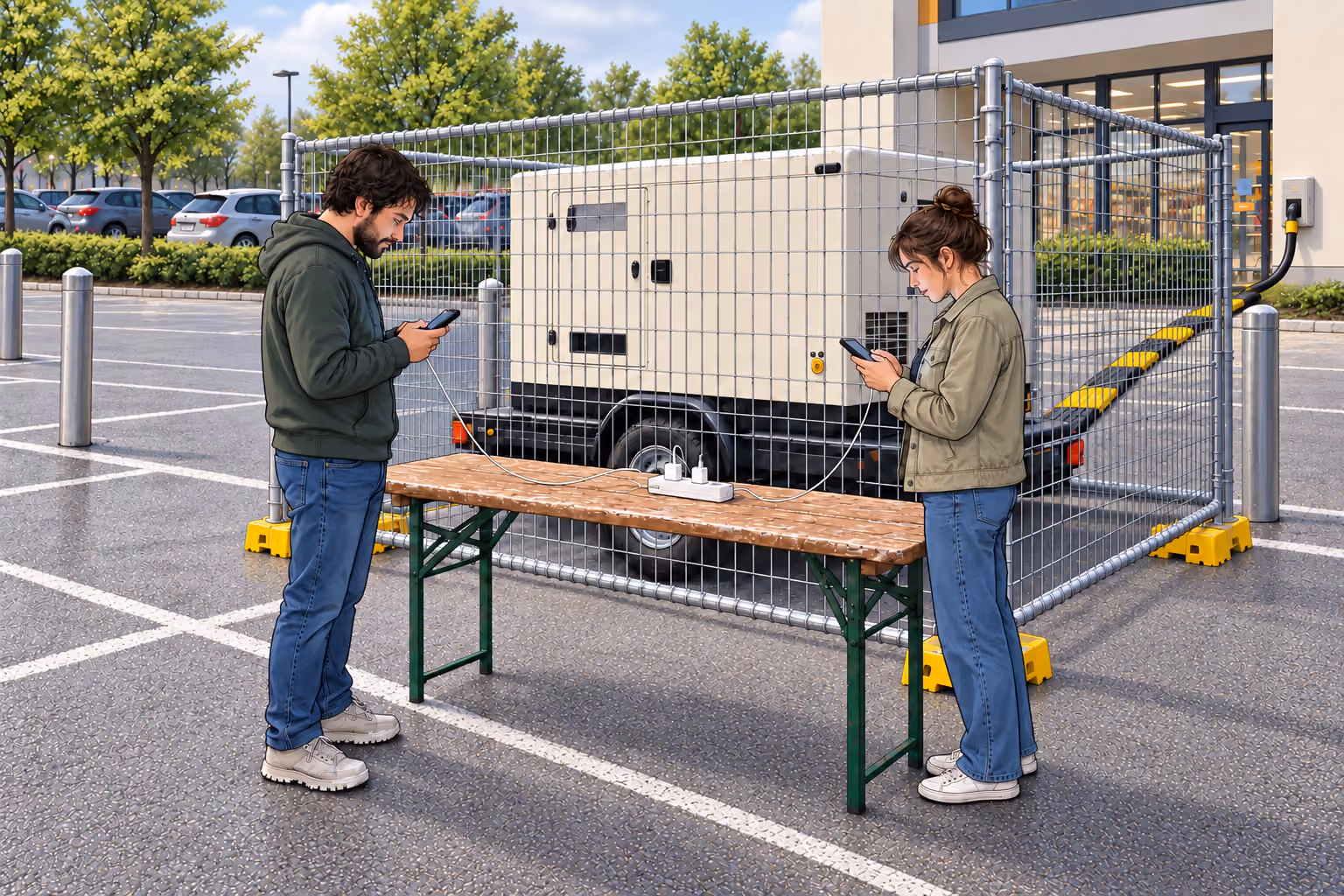 Two people charge their phones in daylight at a worn table outside a fenced generator; the generator’s supply cable leads to the supermarket.