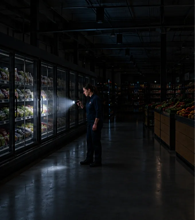 A store employee uses a torch to illuminate unlit refrigerated cabinets in a dark supermarket.