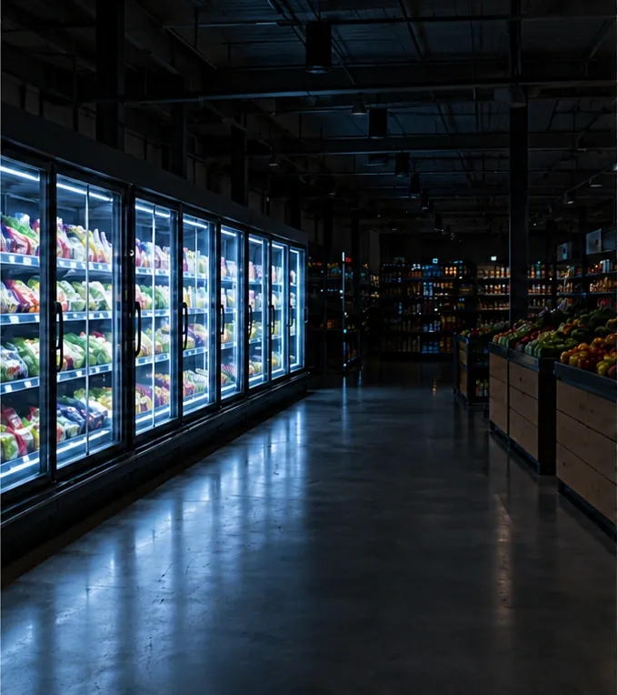 Lit refrigerated cabinets in an otherwise dark supermarket with no customers.