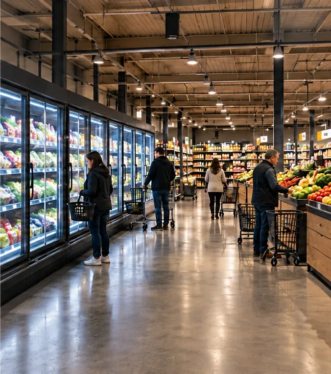 Lit refrigerated cabinets and sales floor with people shopping in the supermarket.