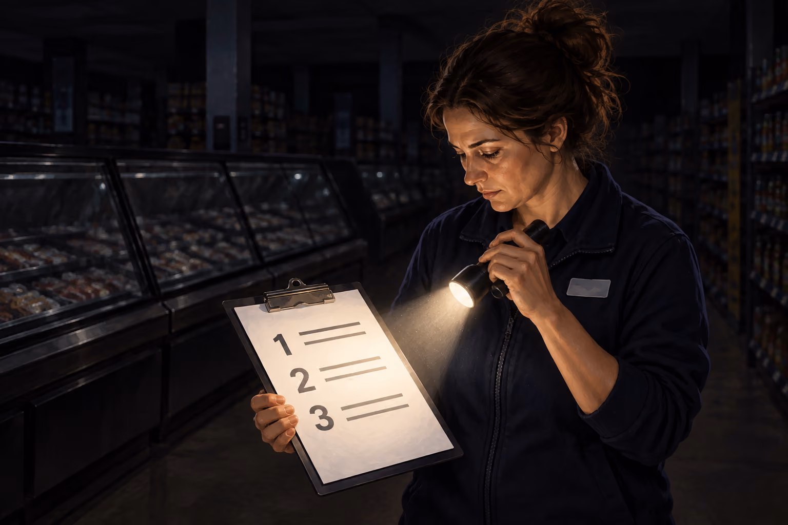 A woman in a dark supermarket uses a torch to read a checklist numbered 1, 2 and 3.