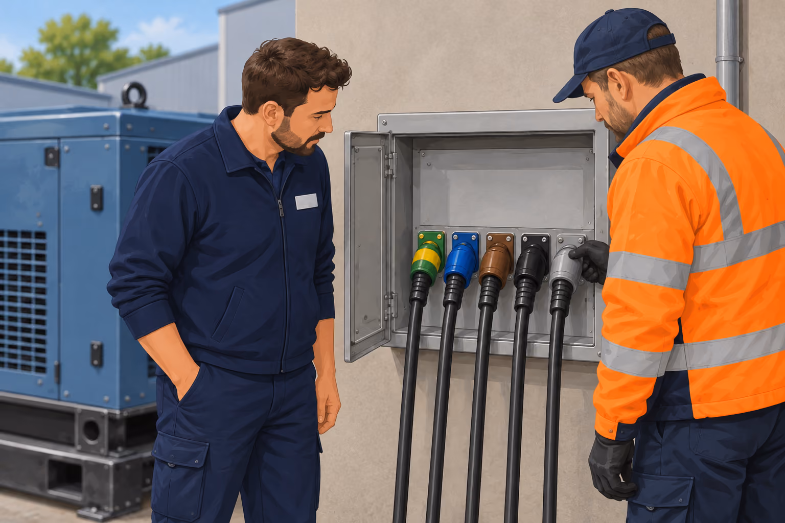 A store employee and delivery partner at an open PowerLock connection cabinet, with a mobile generator visible on the left.