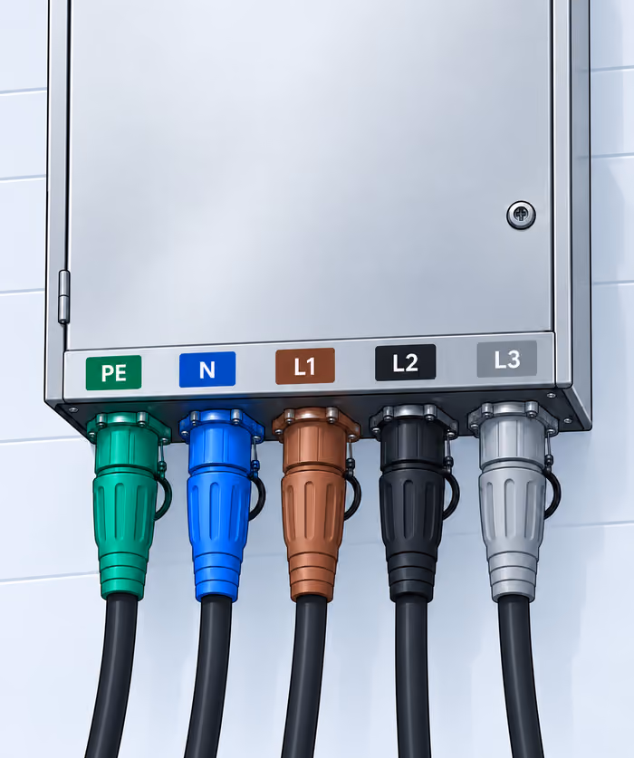 Five PowerLock plugs and cables connected to a labelled inlet cabinet.