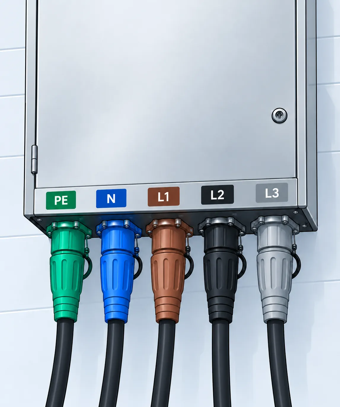 Five PowerLock plugs and cables connected to a labelled inlet cabinet.