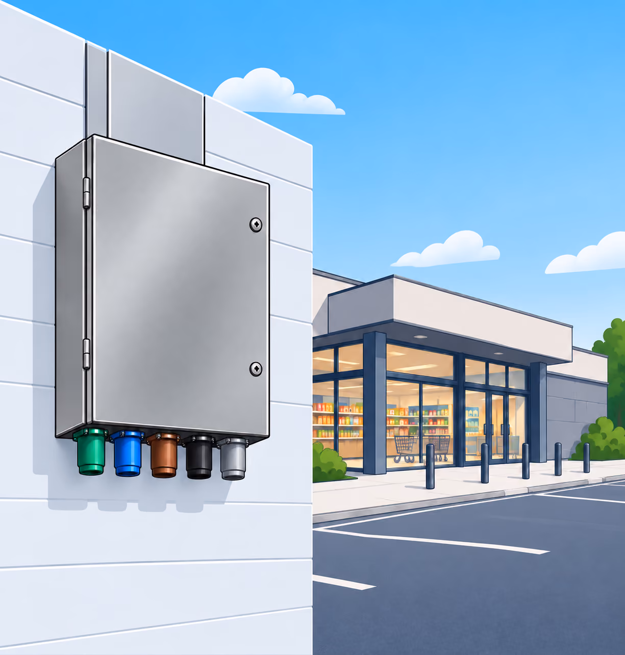 Prepared PowerLock inlet with five colour-coded sockets beside a supermarket.