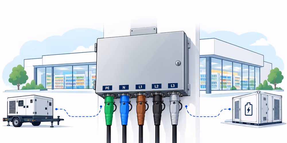 PowerLock cabinet with a generator and a mobile battery system shown as alternative sources.
