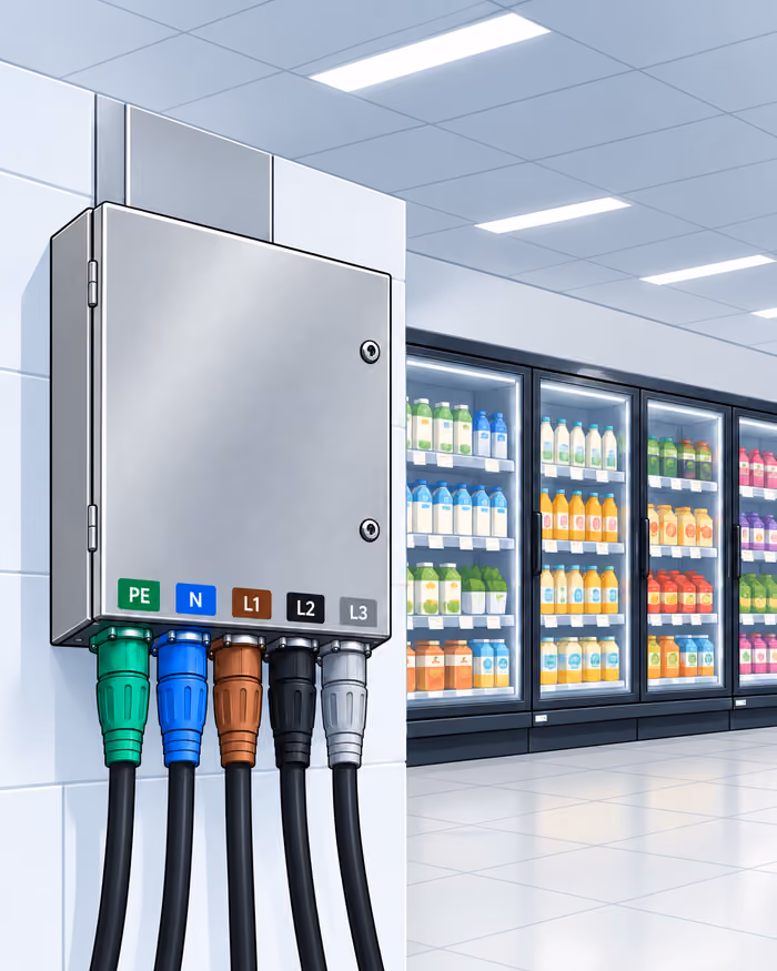 Connected PowerLock cabinet in front of illuminated refrigerated displays.