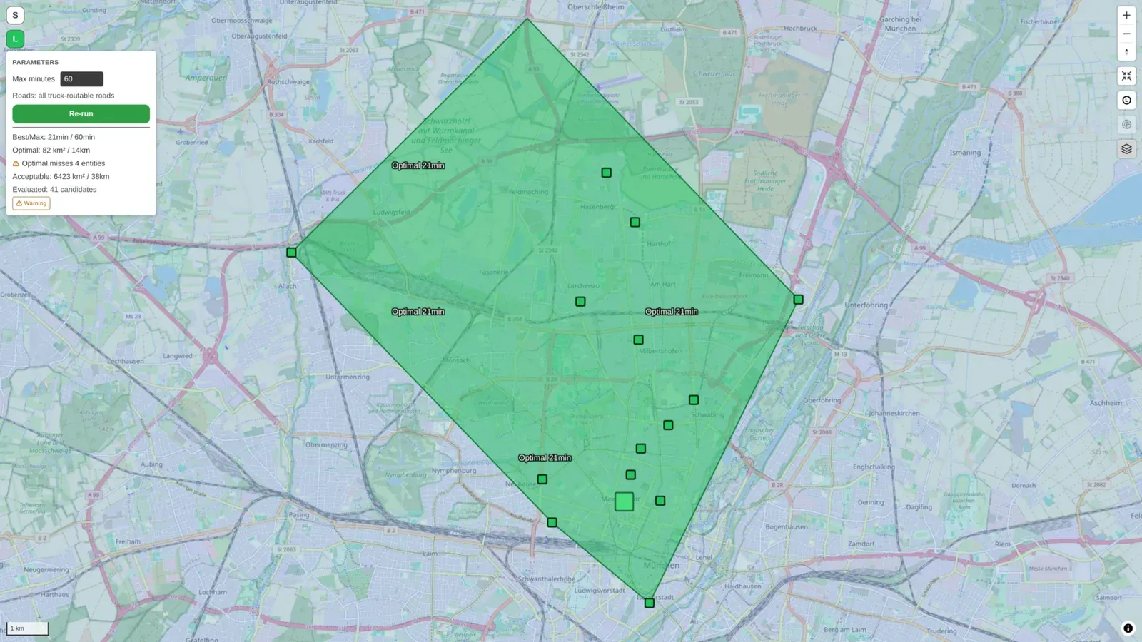 Logistics map of Munich showing optimal and acceptable areas for mobile power units, with a 60-minute limit and a warning that the optimal area misses four stores.