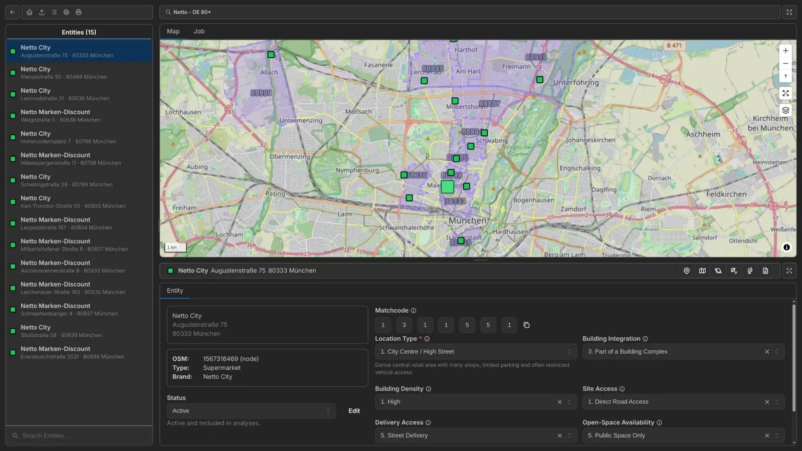 Risk tool showing supermarket locations in Munich and an assessment panel with location type, building integration, access and available space.