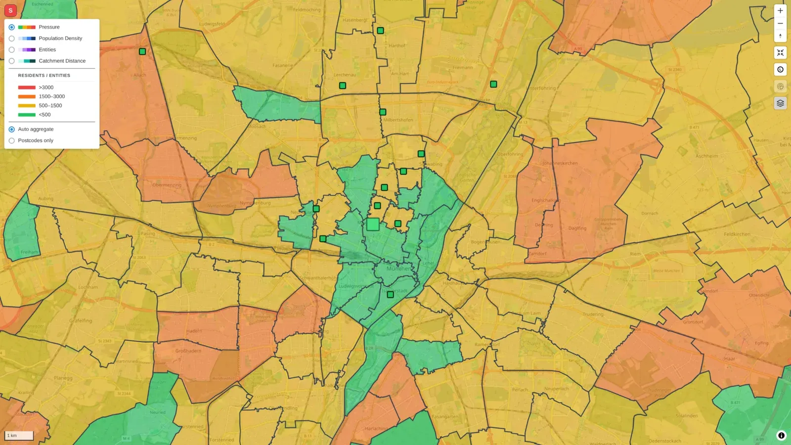 Munich map comparing population with supermarket availability, with a legend showing residents per supermarket.